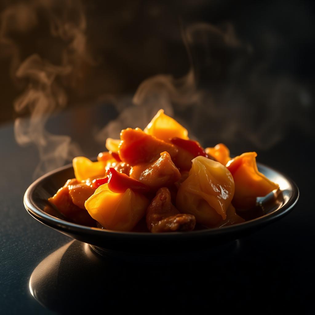 Sweet and sour chicken steaming under warm light