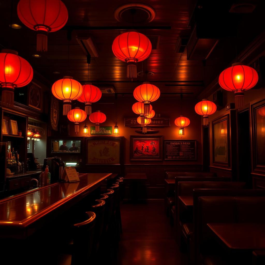 The dining room lit by paper lanterns